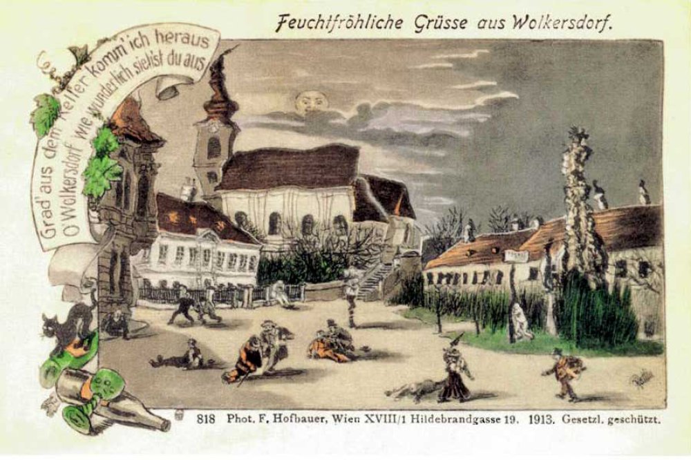 Weinselige Grüße aus Wolkersdorf 1913 Illustration aus dem Buch