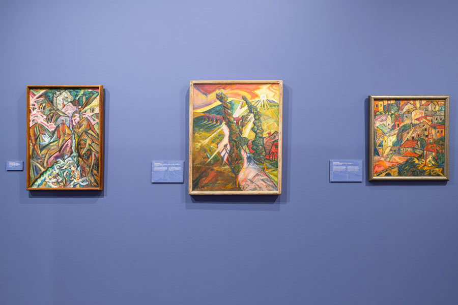 Drei Gemälde von Anton Peschka Sen.: Landschaft mit Häusern, 1919, Pappeln in hügeliger Landschaft,