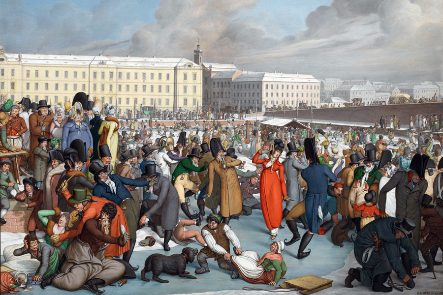 Georg Emanuel Opitz: Eislaufen im zugefrorenen Hafen des Wiener Neustädter Kanals vor dem Stubentor,