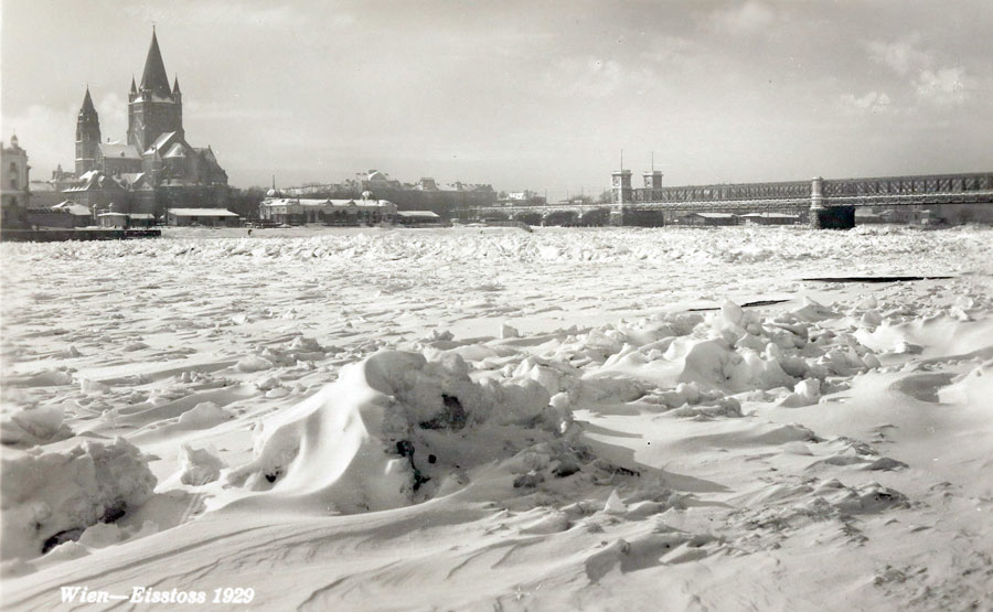 Ansichtskarte: Donaustrom - Reichsbrücke, Winter 1929, Foto: Wien Museum
