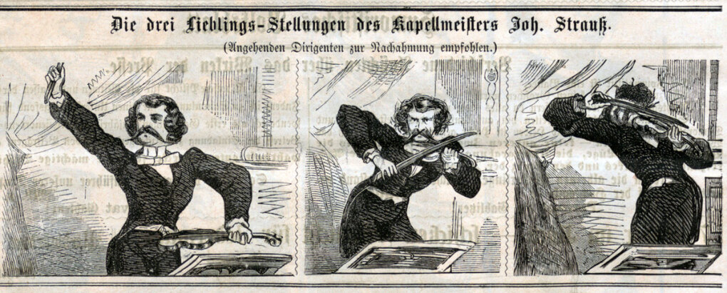 Die drei Lieblingsstellungen des Kapellmeisters Strauß Karikatur aus der satirischen Zeitschrift