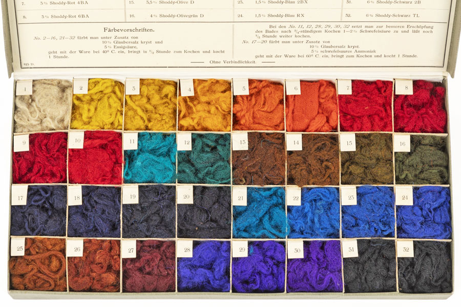 Musterbuch: Färbungen aus reinwollenem Shoddy (Kunstwolle) © Technisches Museum Wien