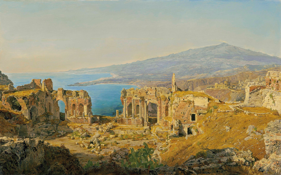  Ferdinand Georg Waldmüller, Die Ruinen des griechischen Theaters von Taormina mit dem Ätna, 