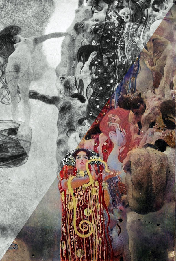 Gustav Klimt, Fakultätsbild „Die Medizin“, 1901, historische Aufnahme im Vergleich zur Rekolorierung