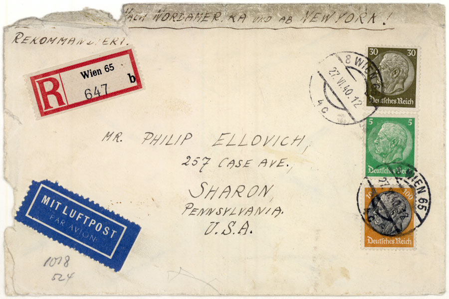 Briefumschlag eines Schreibens von Emil Singer an Philip Ellovich. Wien, 1940 © JMW