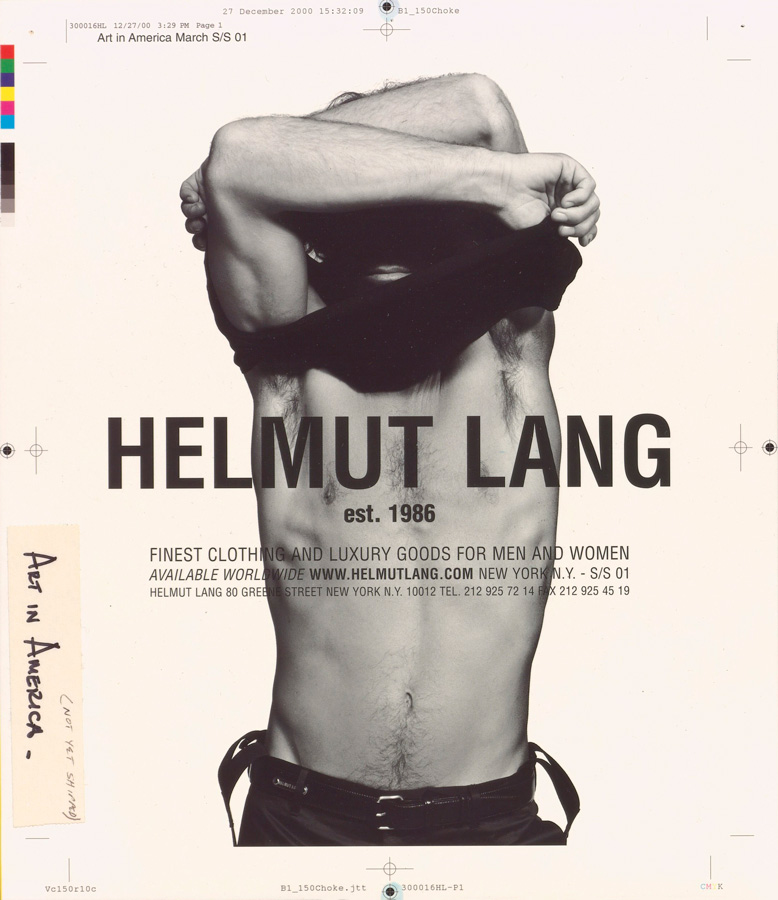 Helmut Lang, Probedruck einer Werbeanzeige für die Zeitschrift Art in America, MAK Helmut Lang Helmut Lang, Probedruck einer Werbeanzeige für die Zeitschrift Art in America, MAK Helmut Lang
