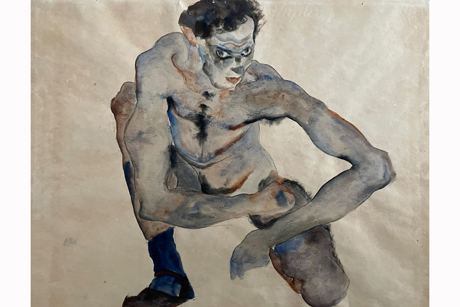 Egon Schiele: Hockender männlicher Akt (Selbstportrait) mit blauem Strumpf (1912) © Privatbesitz